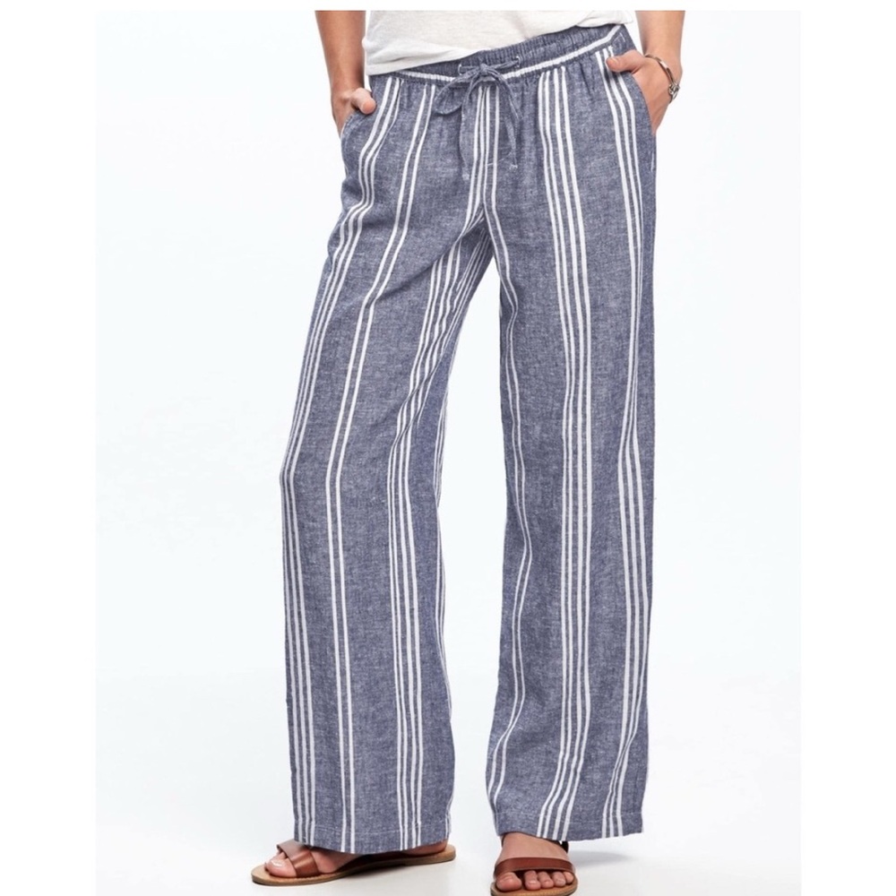 Old Navy Wide Leg Pants Linen Blend Pockets Blue White Stripe Size XL Beachy